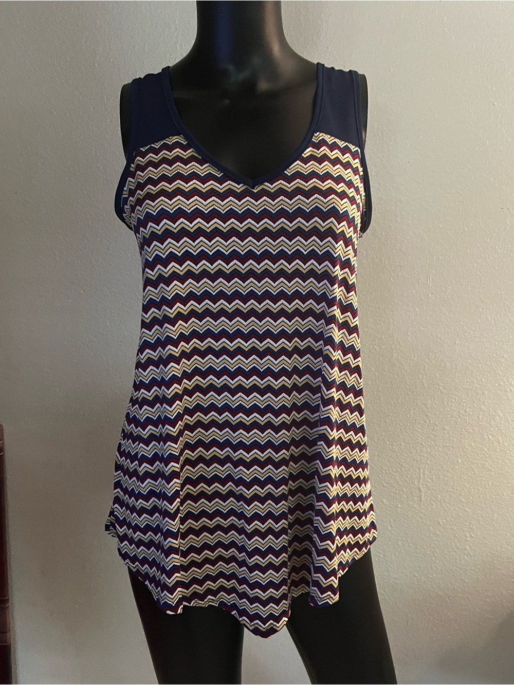 Chevron Print V-Neck Tank Top - Navy, Burgundy, Cream